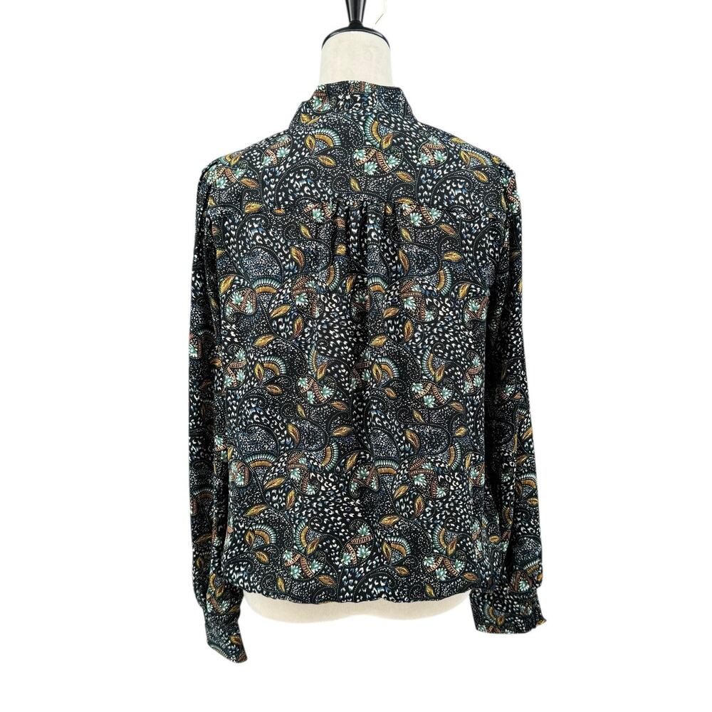 Evereve Charlie Neck Tie Teal Multicolor Printed Long Sleeve Chiffon Blouse - Picture 4 of 12